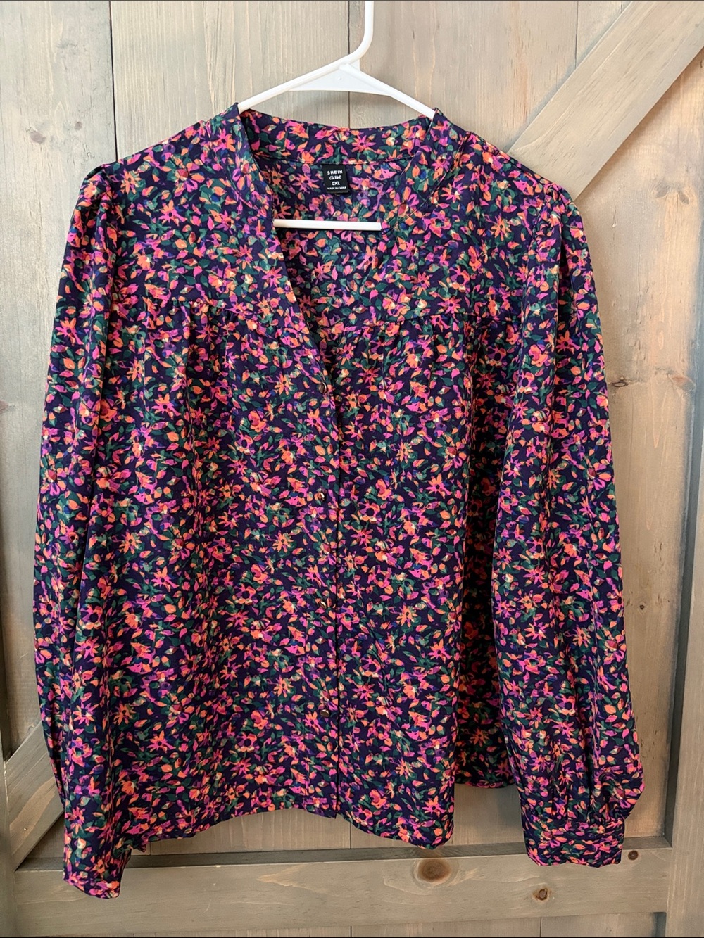 SHEIN Navy Blouse with Pink & Orange Floral Print